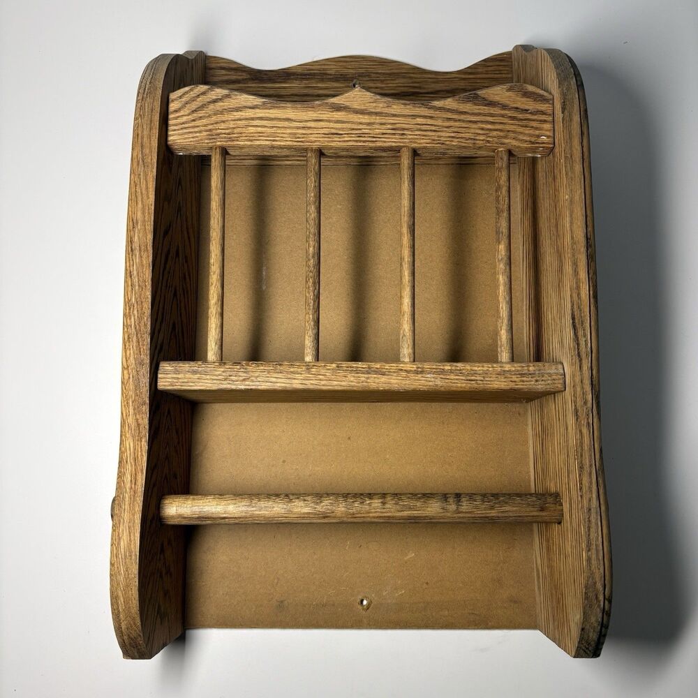 Solid Oak Wood Wall Magazine Book Shelf Double Toilet Paper Holder Vintage